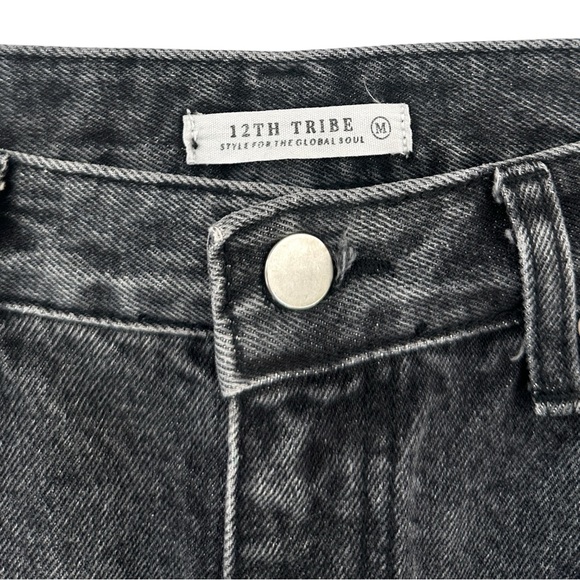 12th Tribe Brooklyn Washed Black Slash High Rise Straight Leg Boyfriend Jeans - Picture 10 of 16